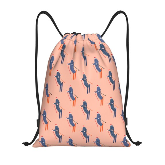 Kuqiui Winter Skiing Adventure Print Drawstring Backpack Drawstring Bags,Draw String Back Bag Drawstring Bags for Sports,Gym,Travel,Swimming,Beach