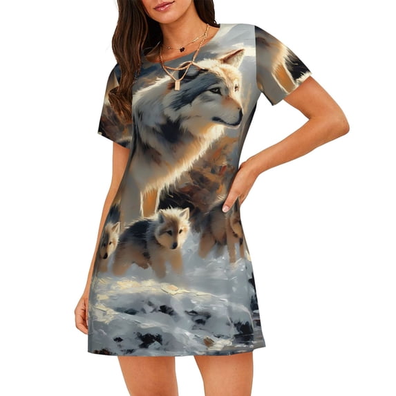 Kuqiui Wolf Family Winter Wonderland Pattern Women's Short-sleeved Nightgown,Casual Sleep A-line Sleepwear Comfy Sleepshirt,Cute Breathable Nightdress Ruffle - X-Large