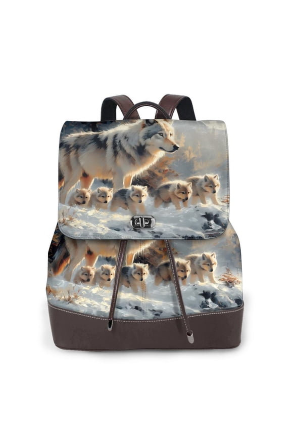 Wolf Family Winter Wonderland Print Leather Backpack Purse For Women Fashion Ladies Vintage Bags Casual College Travel Backpacks bag