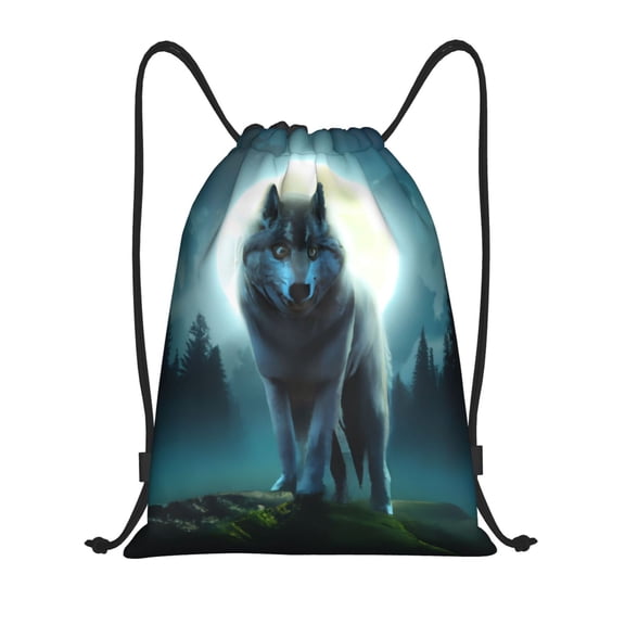 Kuqiui Wolf Print Drawstring Backpack Drawstring Bags,Draw String Back Bag Drawstring Bags for Sports,Gym,Travel,Swimming,Beach