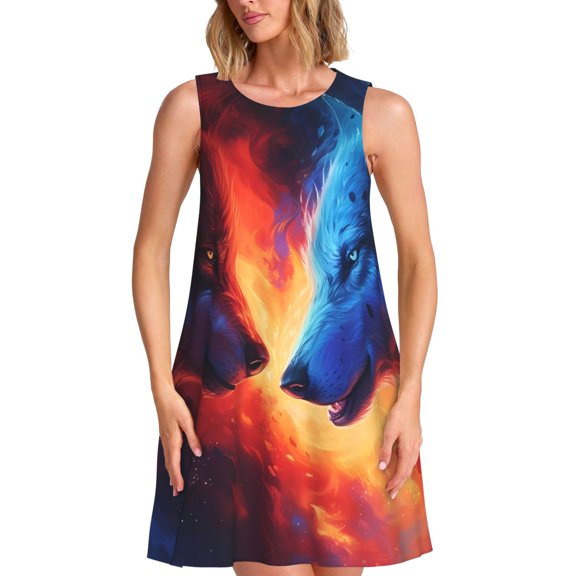 Kuqiui Wolf for Women's Sleeveless A-Line Dress with Pockets, Casual Knee Length Loose Tank Dress for Summer