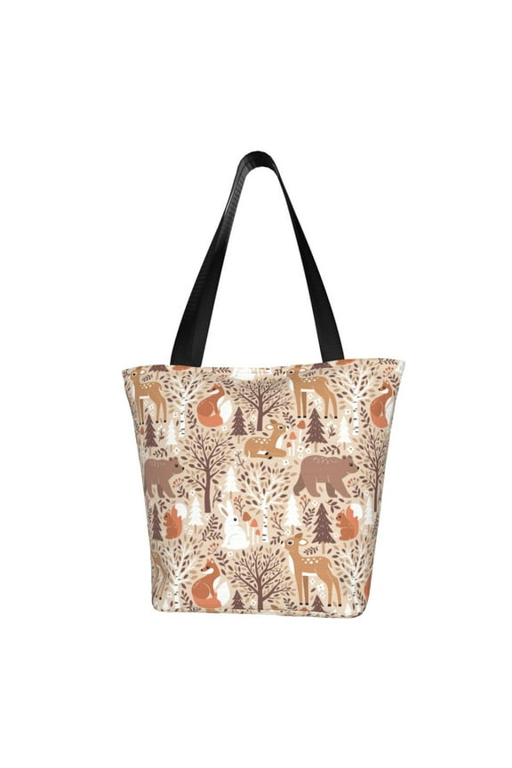 Woodland Animals in Neutral Tones Print Canvas Tote Bag for Women Cute Clothing Book Aesthetic Casual Reusable Tote Shoulder Bags