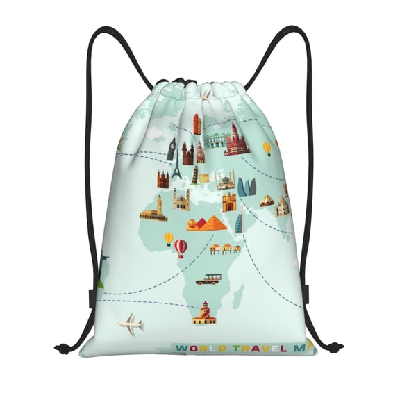 Kuqiui World Travel Map Print Drawstring Backpack Drawstring Bags,Draw String Back Bag Drawstring Bags for Sports,Gym,Travel,Swimming,Beach