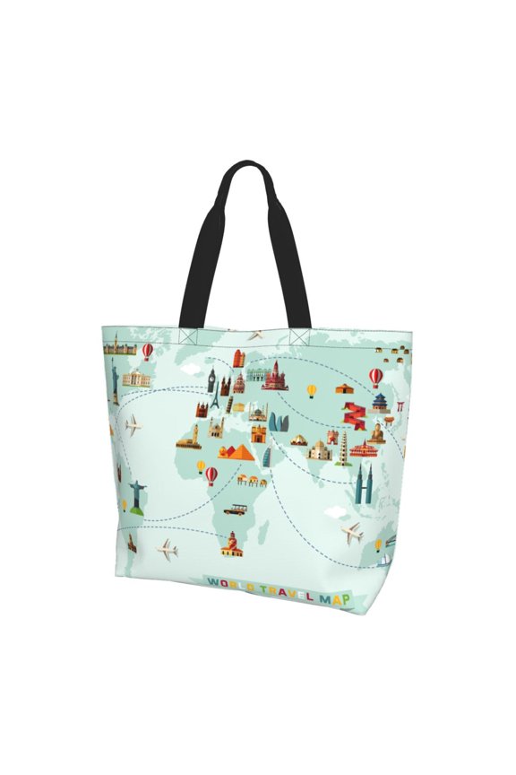 World Travel Map Print Tote Bag,Zipper Tote Bag for Women,Tote Bag Inner Pocket Pattern Lightweight Daily Bag Book Bag