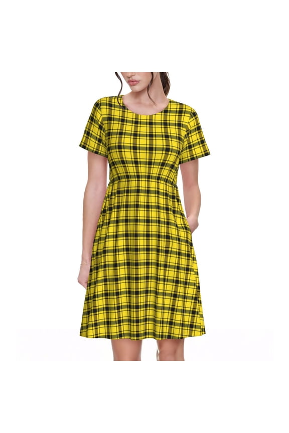 Yellow Checkered Plaid Print Women's Short Sleeve A-Line Dress with Pockets, Casual Crew Neck Knee-Length Dress for Daily Wear