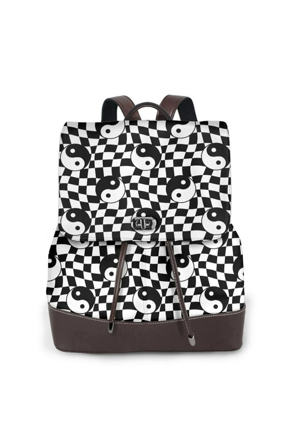 Ying Yang Checkered Print Leather Backpack Purse For Women Fashion Ladies Vintage Bags Casual College Travel Backpacks bag