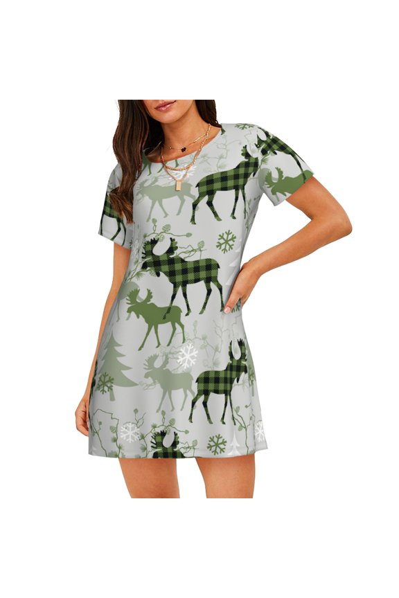 green plaid Moose tree Pattern Women's Short-sleeved Nightgown,Casual Sleep A-line Sleepwear Comfy Sleepshirt,Cute Breathable Nightdress Ruffle - 3X-Large
