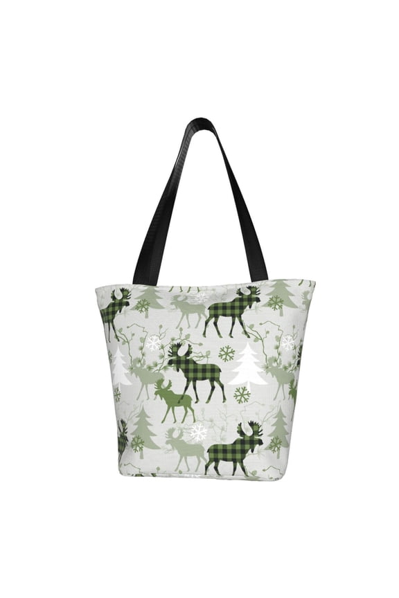 green plaid Moose tree Print Canvas Tote Bag for Women Cute Clothing Book Aesthetic Casual Reusable Tote Shoulder Bags