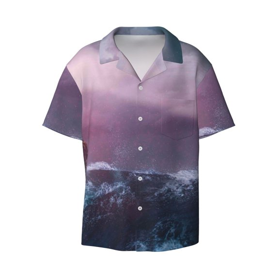 Kuqiui lighthouse Waves Torrential Rain Print Men's Button Down Shirts Short Sleeve Casual Shirts Hawaiian Shirts Vacation Wedding Shirts with Pocket-3X-Large
