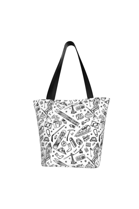 winter Ski Element Print Canvas Tote Bag for Women Cute Clothing Book Aesthetic Casual Reusable Tote Shoulder Bags