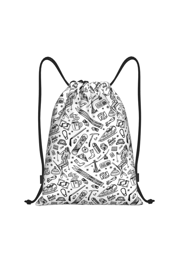 winter Ski Element Print Drawstring Backpack Drawstring Bags,Draw String Back Bag Drawstring Bags for Sports,Gym,Travel,Swimming,Beach