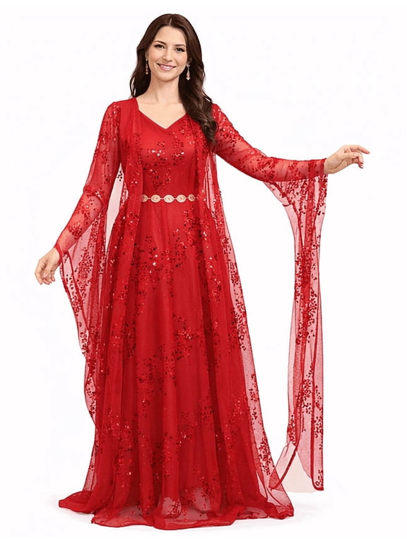 Kurdish Women’s Sequined Maxi Dress with Waist Chain, Elegant Evening Gown for Newroz, Weddings & Parties.