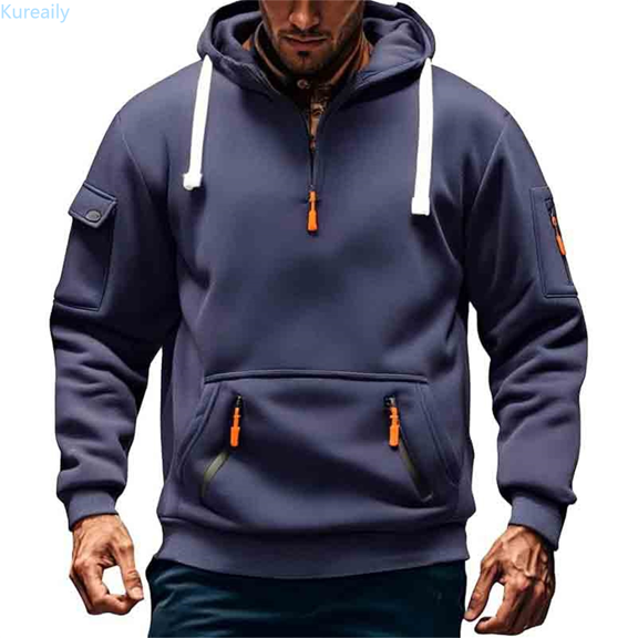 Kureaily 2025 Men's Winter Casual Large Sized Zipper Pocket Long Sleeved Hooded Sweatshirt Men's Pullover Hoodies
