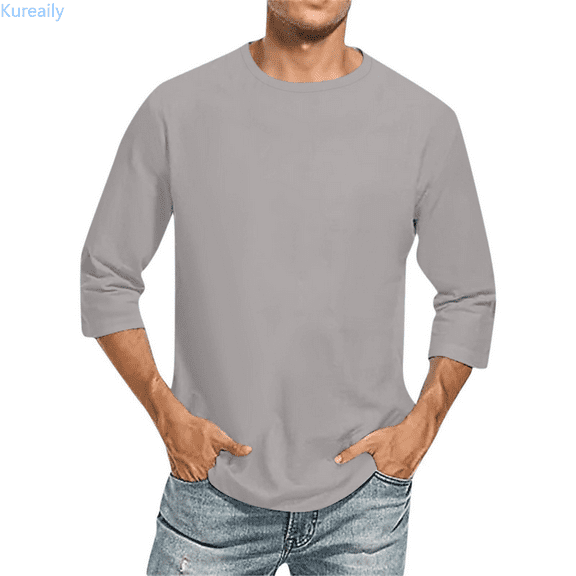 Kureaily 3/4 Sleeve Shirt for Men Solid Color Crew Neck T-Shirts Three Quarter Sleeve T Shirts Casual Loose Fit Tees