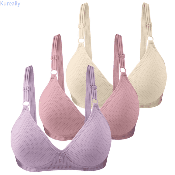 Kureaily 3PC Women's Solid Color Cup Gathered Breathable Side Fold Adjustable Shoulder Strap Large Bra Underwear Womens Push Up Bras