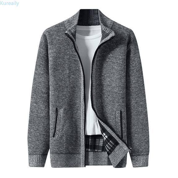 Kureaily Autumn And Winter Men's Casual Stand And Fleece Thickened Warm Knit Cardigan Sweater Coat Crewneck Knit Sweaters