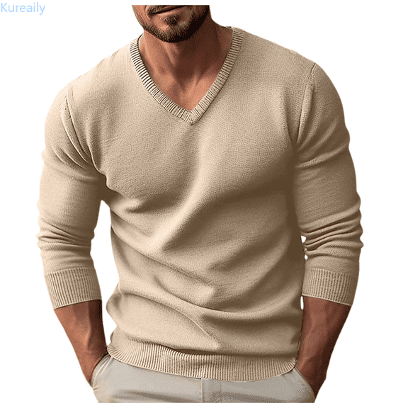 Kureaily Autumn And Winter Men's Knitwear V Neck Slim Long Sleeved Sweater Mens Pullover Sweater