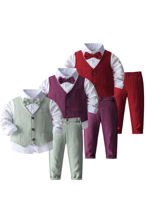 Baby Boy Clothes Suits Tuxedo Gentleman Outfits Formal Dress Shirt+Vest+Pants Baby Suit Sets Kids Casual Winter Clothes,Little Kid ,Size 2-3 Years/(Red)