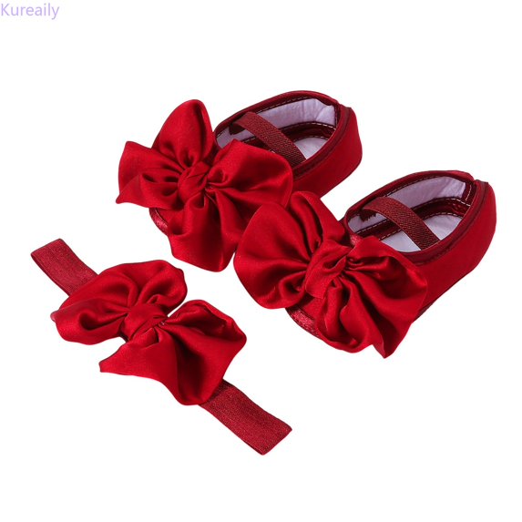 Kureaily Baby Shoes With Hair Band Soft Soled Toddler Shoes Versatile Dress Flower Shoes Toddler Shoes/ Size 3.5,0-6 Months(Red)