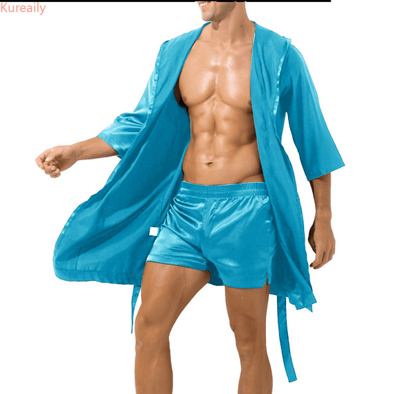 Kureaily Bathrobe Solid Color Thin Short Sleeve Simple Loose Bathrobe Men Plus Size Mens Pajamas Set Shorts