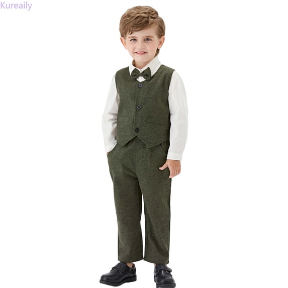 Kureaily Boys Formal Suit Set Elegant Vest Bow Tie Long Sleeve Shirt And Pants Outfit For Toddler Kids Party Wedding 5-6 Years