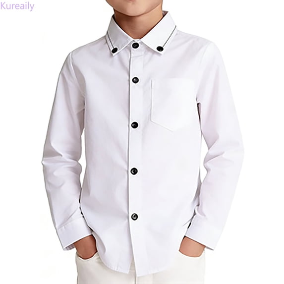 Kureaily Boys Long Sleeve Shirt Casual Button Down Top For Kids Twill Daily Wear ,collared long sleeve topSize 18-24 Months ,White