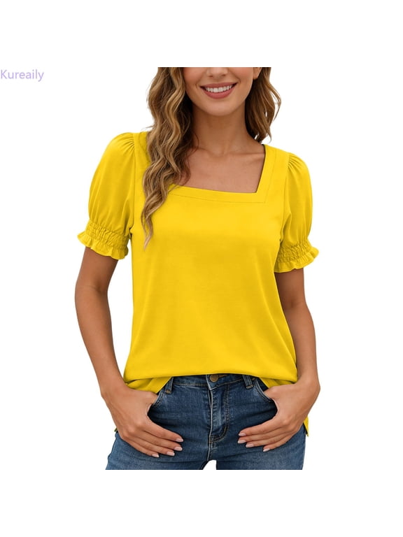 Casual V Neck Flutter Sleeve Blouse Loose Fit T Shirt Top For Daily Wear Athletic Tee T-Shirts, Size Large