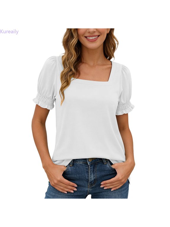 Casual V Neck Flutter Sleeve Blouse Loose Fit T Shirt Top For Daily Wear Athletic Tee T-Shirts, Size Small