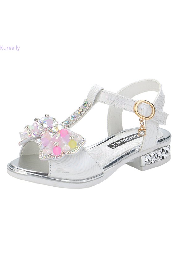 Children Shoes Thick Soles With Diamond Butterfly Sandals Summer Open Toe Student Dance Princess Shoes/ Size 10.5,4-4.5 Years(White)