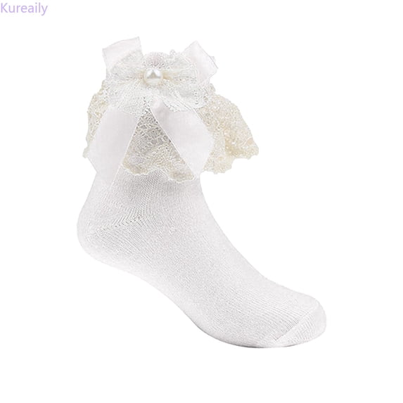 Kureaily Children's Bow Mid Tube Socks Lace Lace Baby Socks Jacquard Cotton Socks ,stretch kids socks Size L ,White
