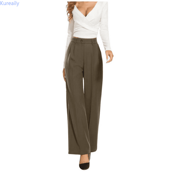 Kureaily Drape High Waisted Solid Color Wide Leg Pants Casual Suit Pants Loose Lounge Trousers