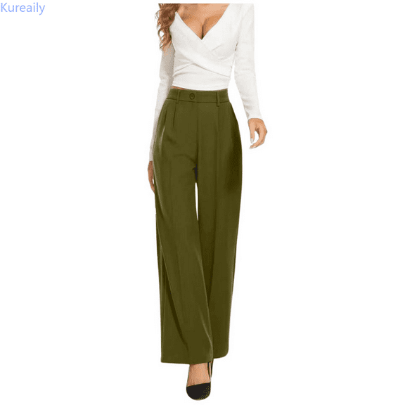Kureaily Drape High Waisted Solid Color Wide Leg Pants Casual Suit Pants Women Stretchy Trousers