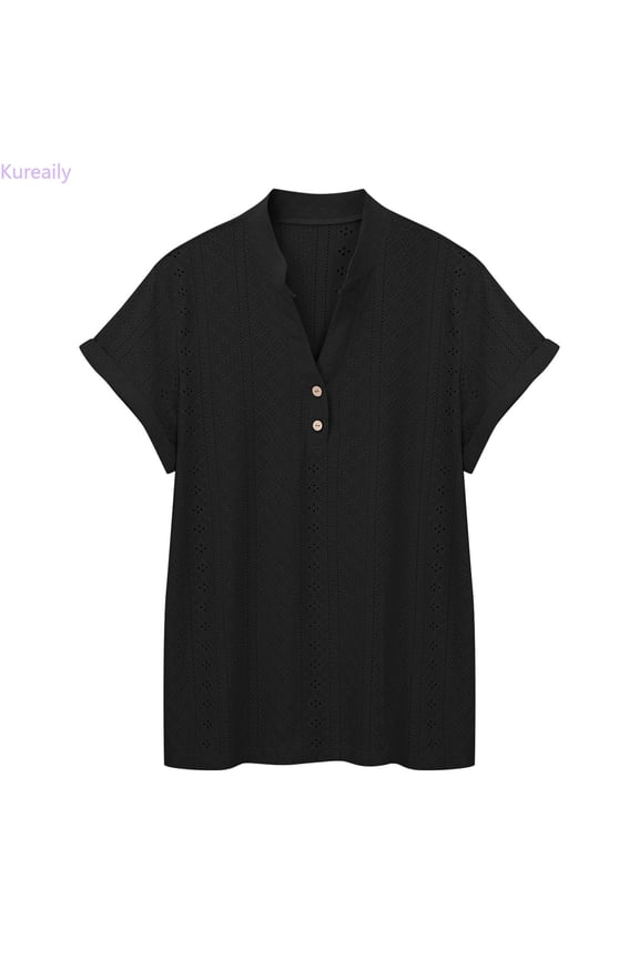 Elegant Courtly Lattice Neck Short Sleeve Loose Button Down Blouse Top For Casual And Dressy T Shirt Athletic Tee T-Shirts, Size Large