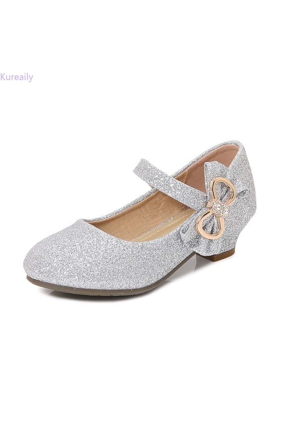 Elegant Girls Flat Shoes With Glitter Bow And Dressy Low Heel For Kids Comfortable Dance Shoes For And Everyday Wear/ Size 1,9-9.5 Years(Silver)