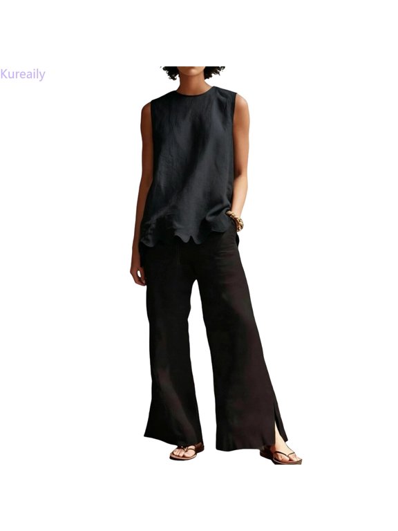 Elegant Solid Color Sleeveless Blouse With Minimalist Round Neck Casual Summer Top Basic Summer Tees, Size Large
