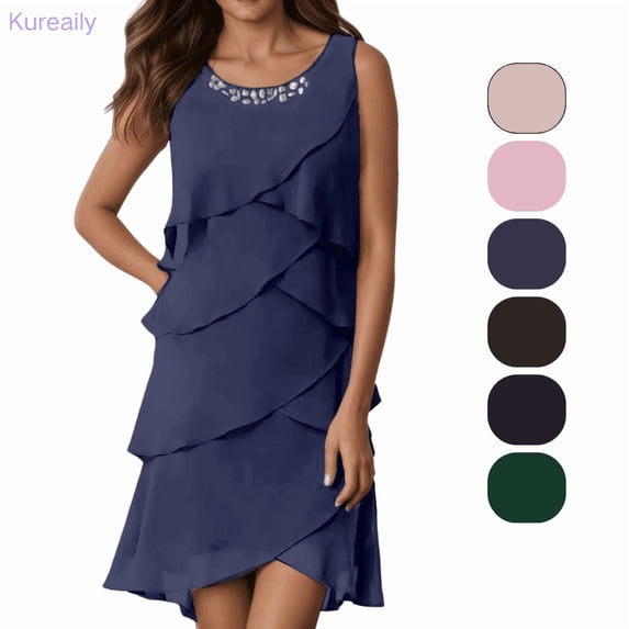 Kureaily Elegant Women's Dress For Parties Weddings Round Neckline Sparkling Flowy A Line Formal Evening Gown Sprin g Summer Fall (Blue,Large)