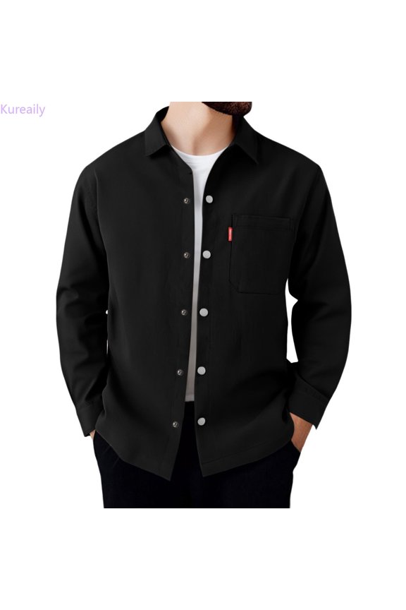 European Solid Color Business Foreign Trade Men Casual Comfortable Loose Trendy Long Sleeved Shirt Long Sleeve Dress Shirt,X-Large/(Black)