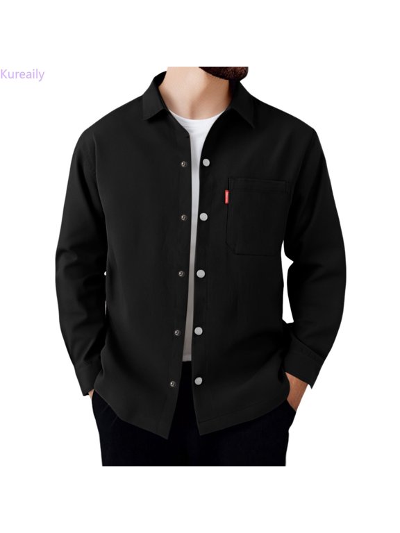 European Solid Color Business Foreign Trade Men Casual Comfortable Loose Trendy Long Sleeved Shirt Long Sleeve Dress Shirt,X-Large/(Black)