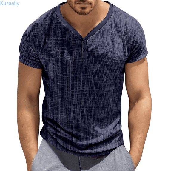 Kureaily European Solid Color Button Knitted Knot Men Casual Loose Comfortable Trendy Sports Foreign Trade V Neck Short Sleeved T Shirt Casual Button Down Washed T-Shirts