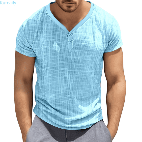 Kureaily European Solid Color Button Knitted Knot Men Casual Loose Comfortable Trendy Sports Foreign Trade V Neck Short Sleeved T Shirt Casual T-Shirts