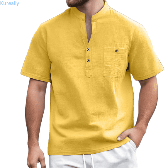 Kureaily European And Solid Color Button Open Neck Pocket Men's Casual Loose Comfortable Trendy Stand Up Collar Business Short Sleeved T Shirt Casual T-Shirts