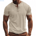 thumbnail image 1 of Kureaily European Solid Color Imitation Linen Knitted Joint Breathable Men Casual Loose Comfortable Trendy Button Open Neck Short Sleeved T Shirt Short Sleeve Tee Shirts, 1 of 1