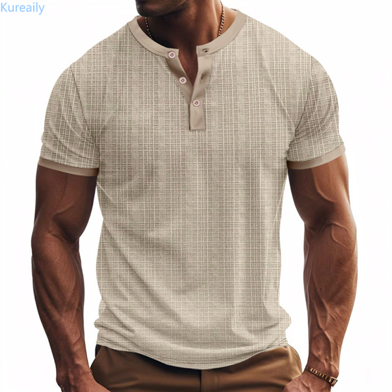 Kureaily European Solid Color Imitation Linen Knitted Joint Breathable Men Casual Loose Comfortable Trendy Button Open Neck Short Sleeved T Shirt Short Sleeve Tee Shirts