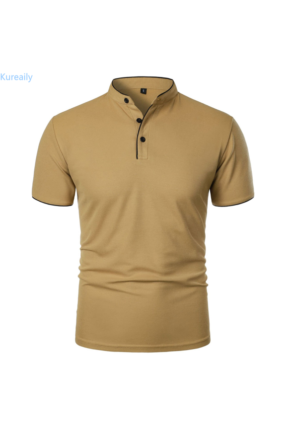 European Solid Color Stand Up Collar Button Men Casual Loose Trendy Comfortable Foreign Trade Business Short Sleeved Top Mens Short Sleeve Shirts