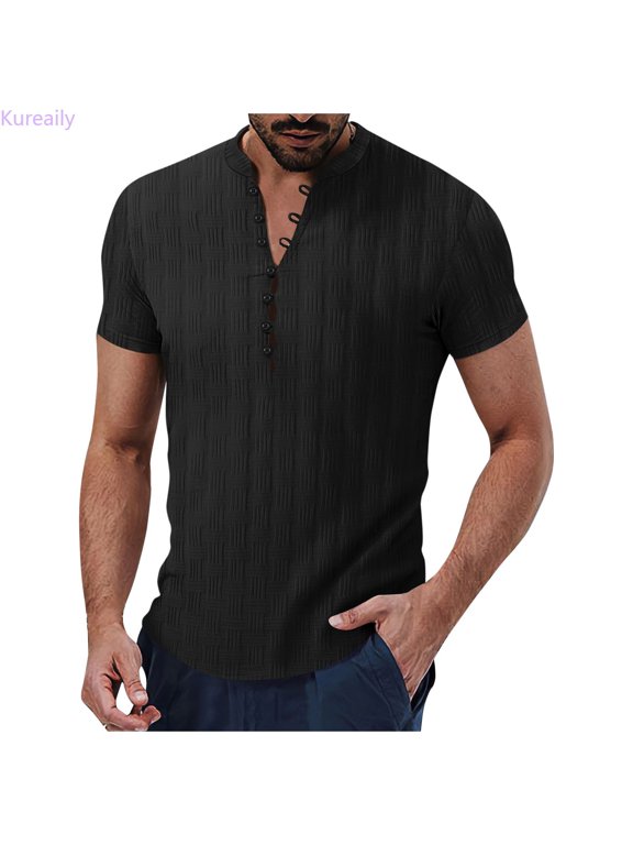 European Solid Color Summer Jacquard Button Open Neck Men Casual Loose Business Trend Foreign Trade Sports Short Sleeved T Shirt Summer Buttons T-Shirt,Large/(Black)