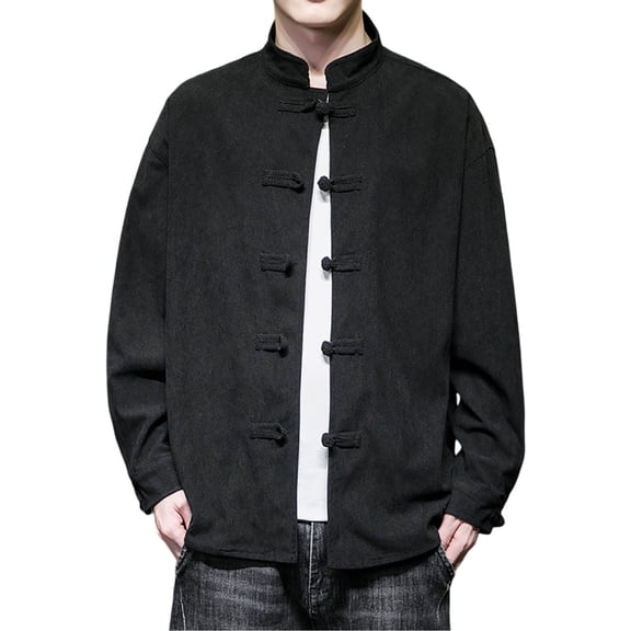 Kureaily Fall And Winter New Men's Retro Chinese Shirt Large Size Trend Corduroy Plate Buckle Long Sleeved Blouse