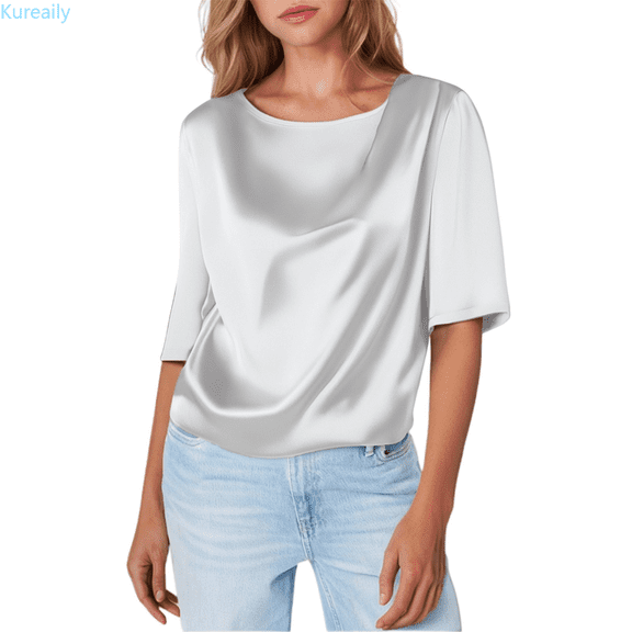 Kureaily Fashionable Women's Design Satin Short Sleeved T Shirt Silk Three Quarter Sleeve Shirt With Inner Top Casual Blouses