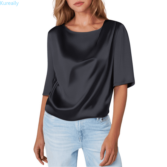 Kureaily Fashionable Women's Design Satin Short Sleeved T Shirt Silk Three Quarter Sleeve Shirt With Inner Top Casual Summer Tees