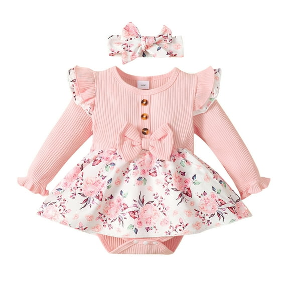Kureaily Girl Long Sleeve Flower Print Bowknot Line Bodysuit Dress Ruffles Summer Rompers Clothing 12 Month Old Girl Clothes Preemie Clothes Boy Baby 9 Months Clothes Girl 0-3 Months