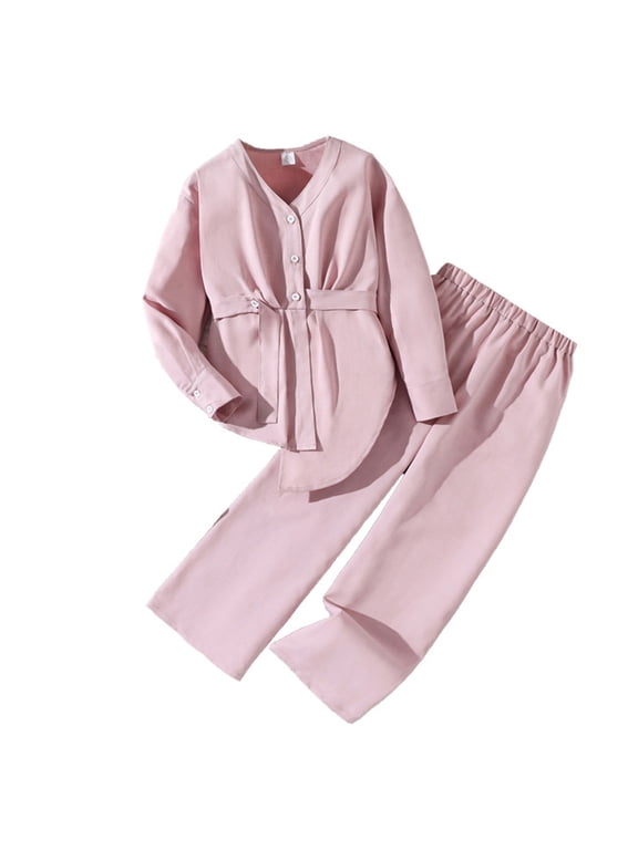 Girls Button Front Top and Pants Set Dressy 2 Piece Outfit for School (Pink)